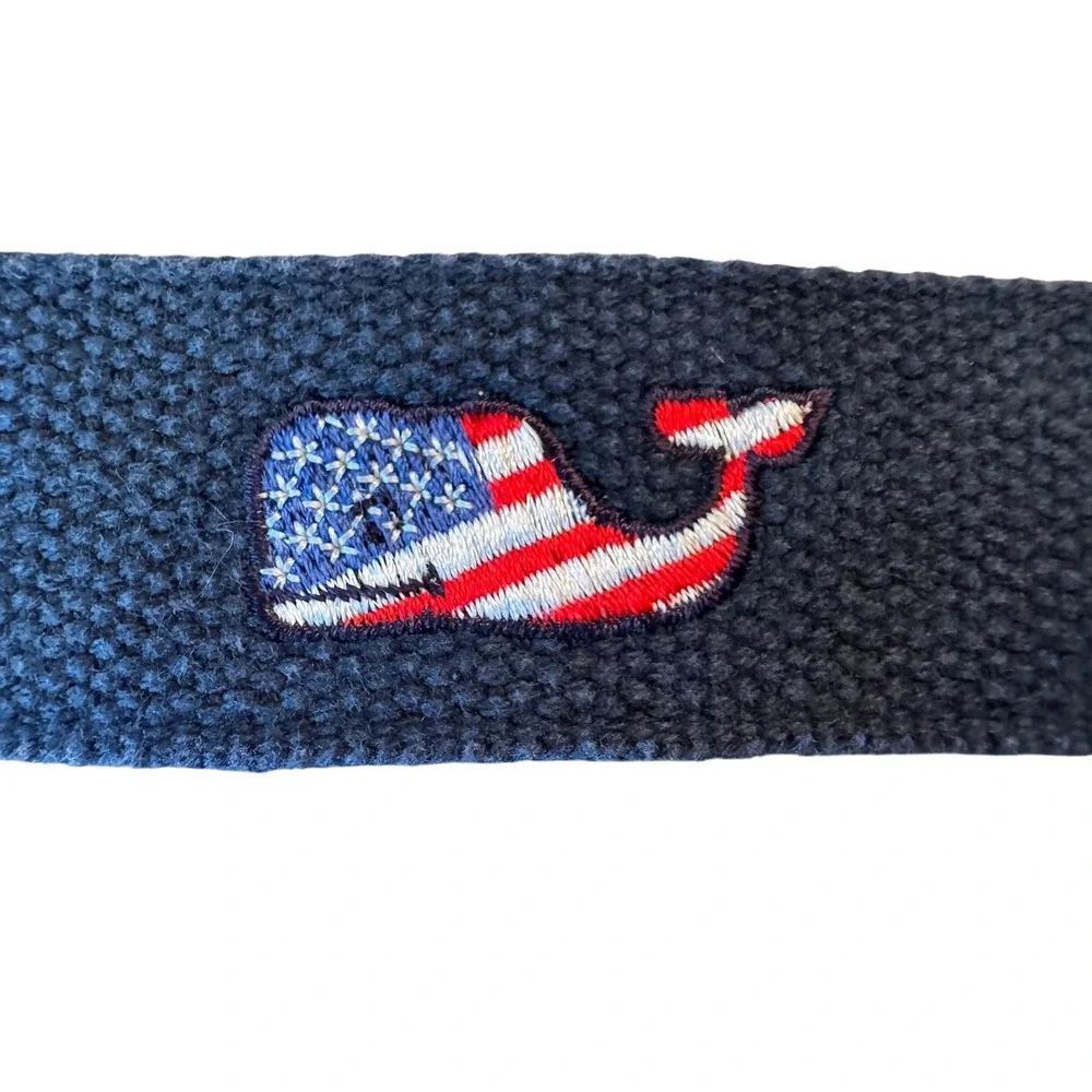 Vineyard Vines‎ Mens USA Flag Whale Canvas Leather Belt Navy Blue 34